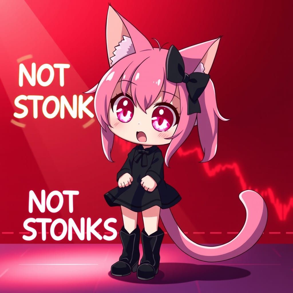 Cute Anime Catgirl Stares at Down-Trending Stock Chart