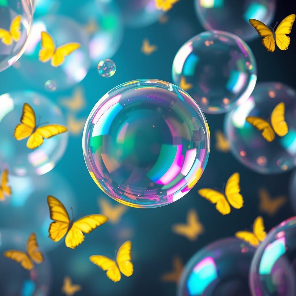 Rainbow Bubbles with Golden Butterflies, Whimsical Style