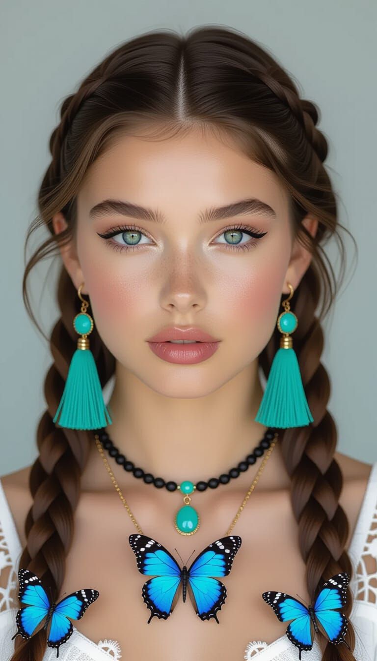 Photorealistic Portrait with Braided Hair and Turquoise