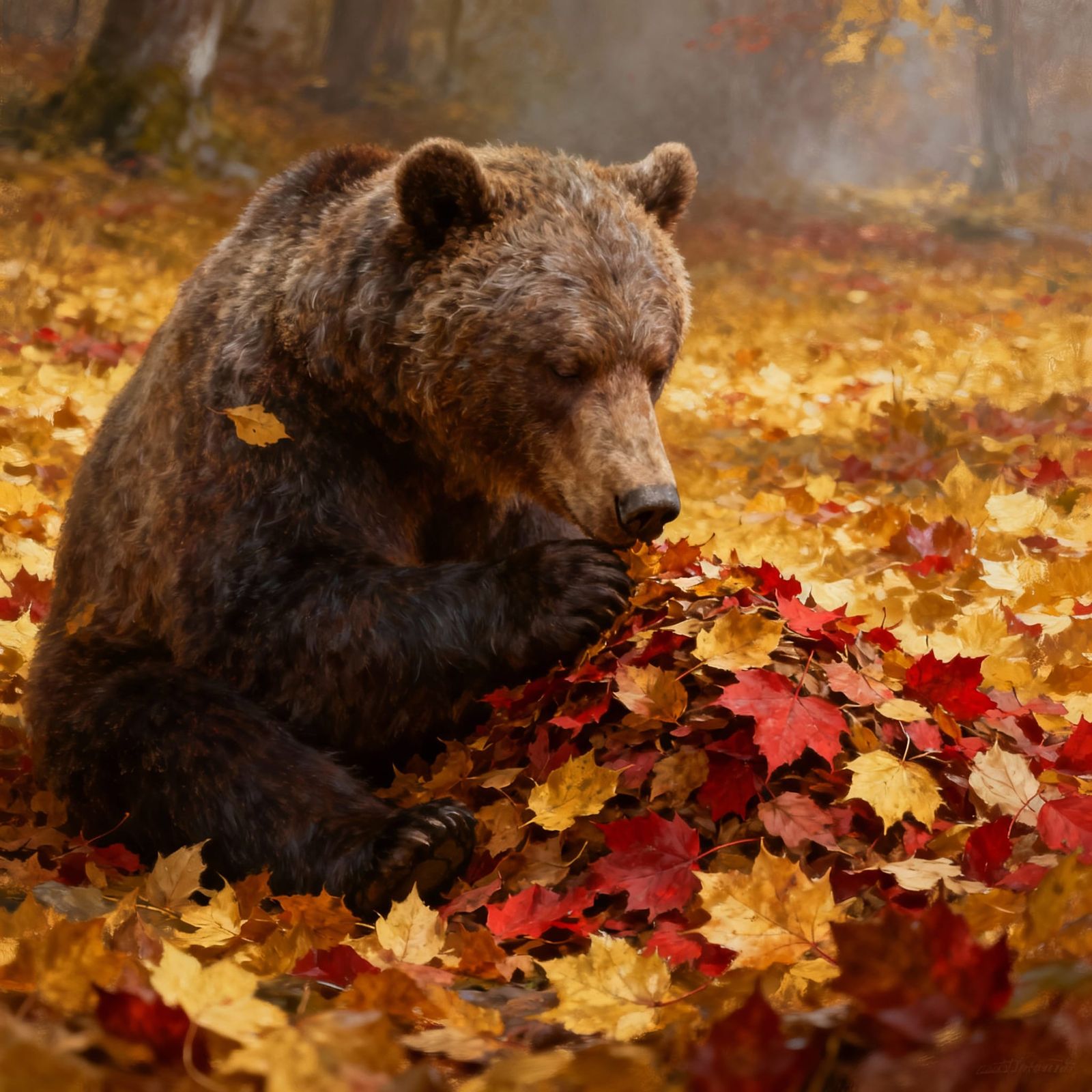 Wise Old Bear in Autumn Leaves Matte Painting
