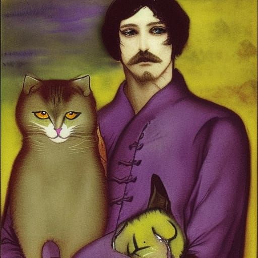 Vampire Lord with Kittens in Pre-Raphaelite Style
