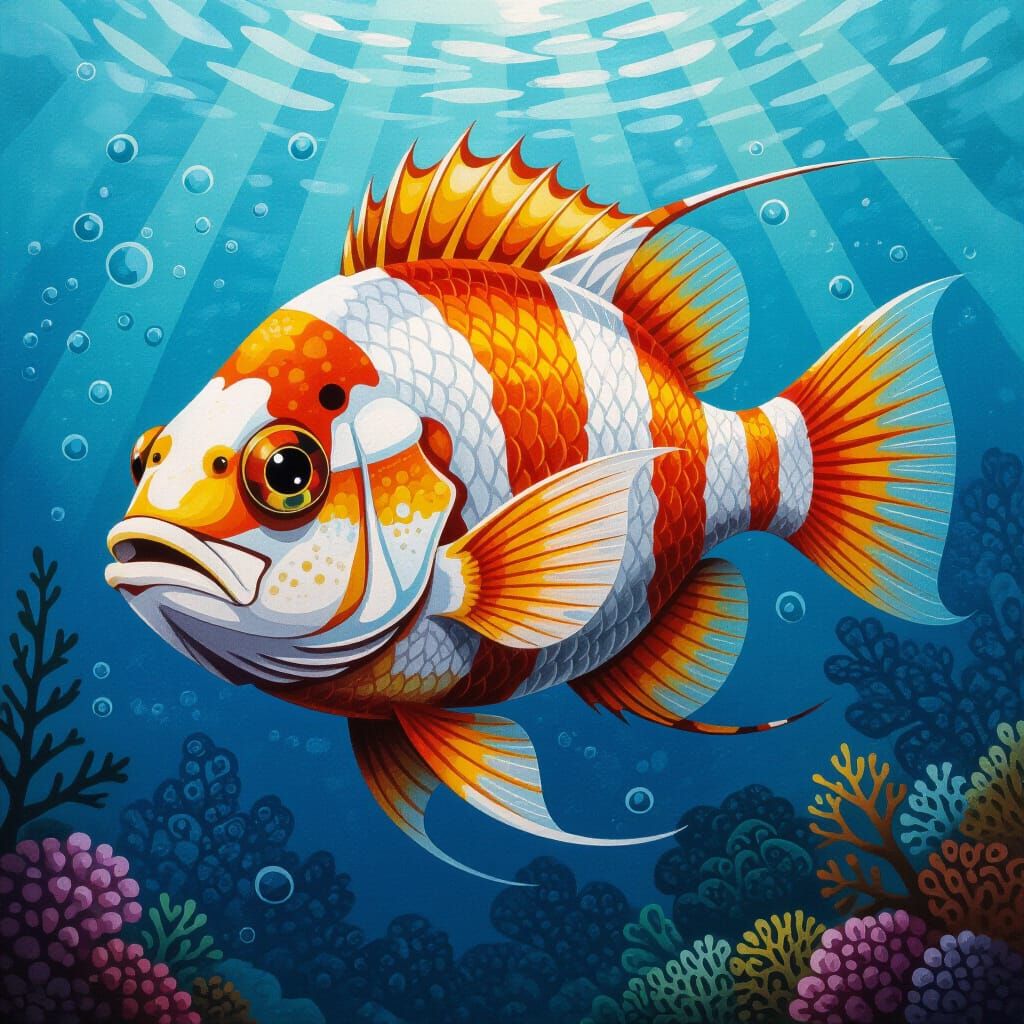 Detailed Gouache Painting of a Skull Fish