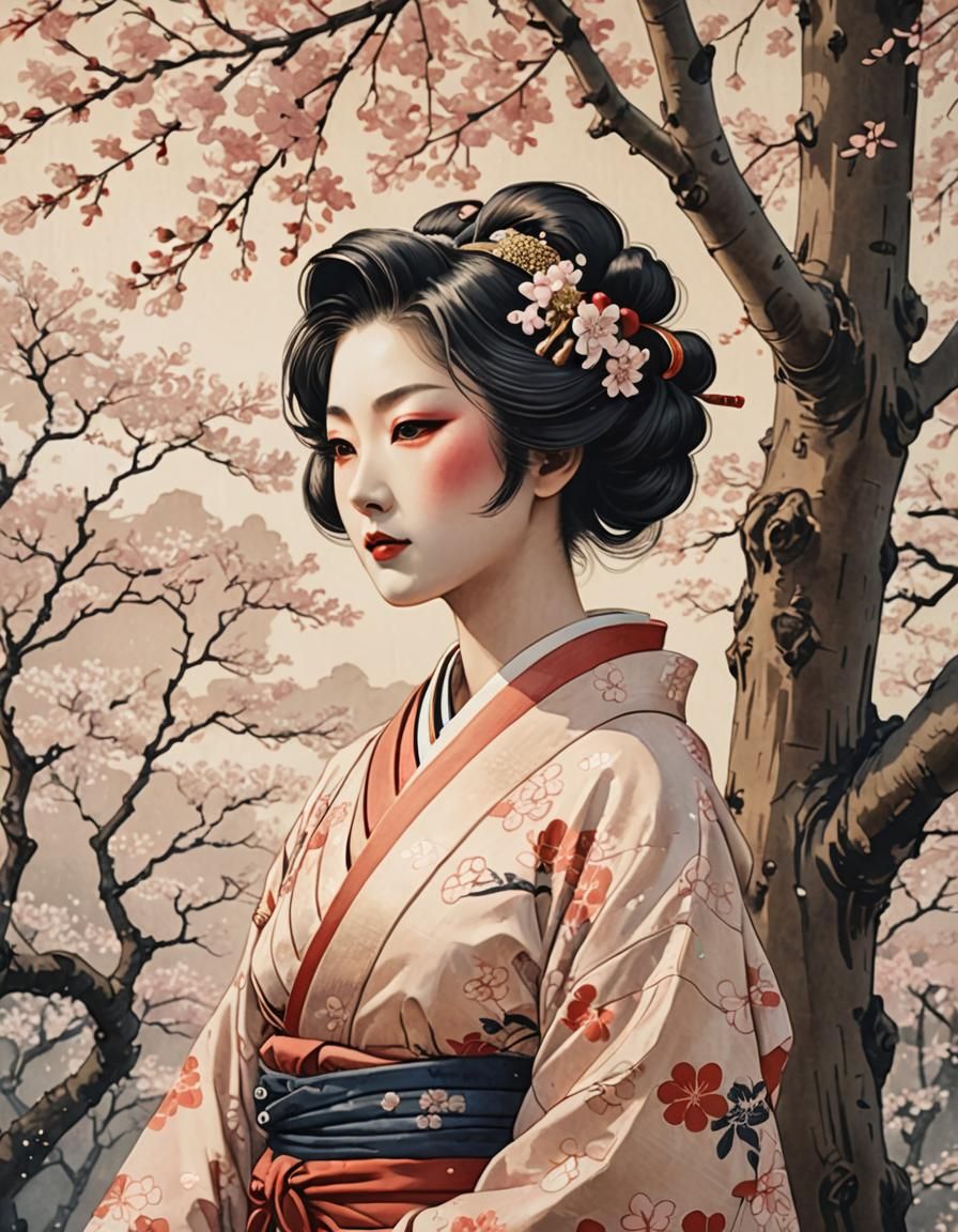 Geisha in Cherry Blossoms: Ukiyo-e Style