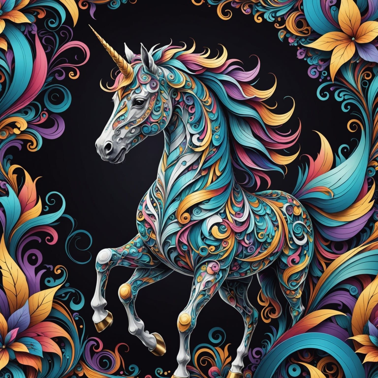 Vibrant Fractal Unicorn in Wave Function Zentangle