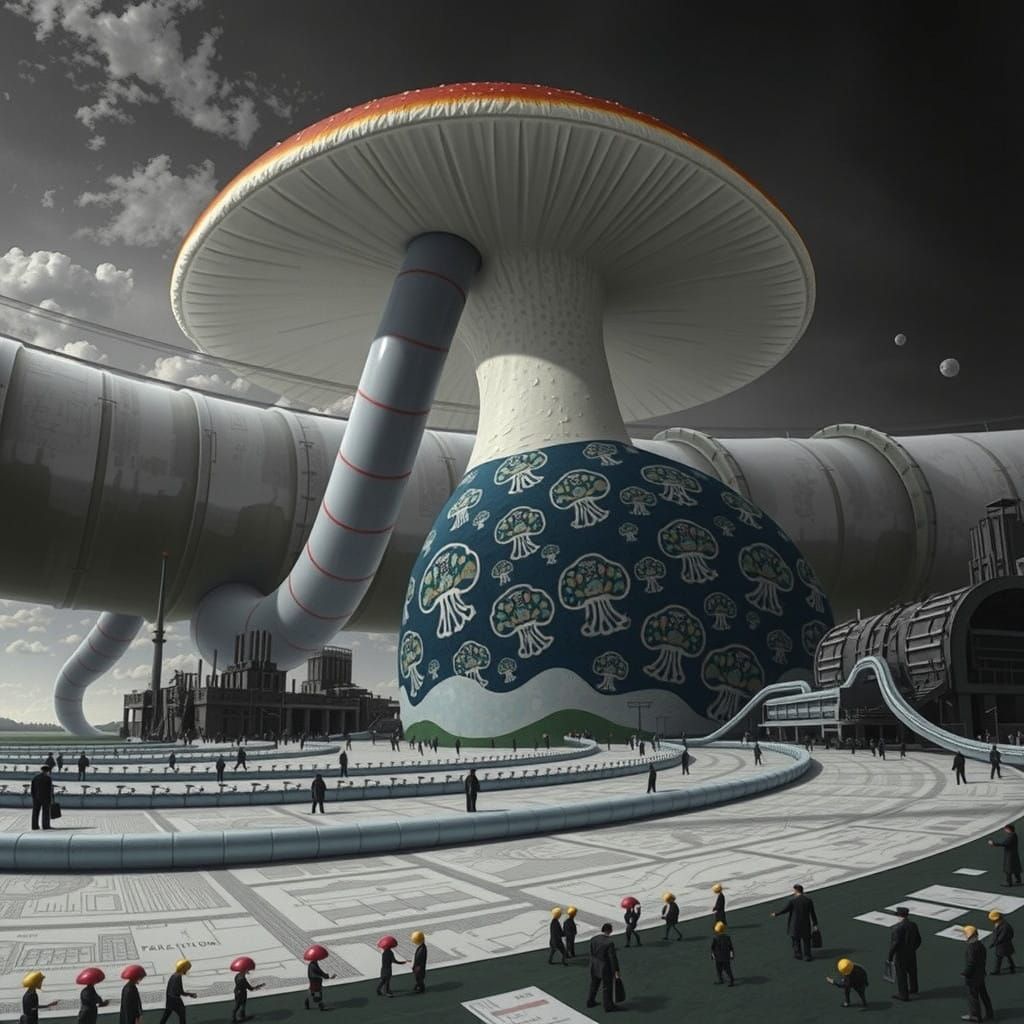 Surreal Blue Mushroom Reigns Over Futuristic Bureaucratic Me...