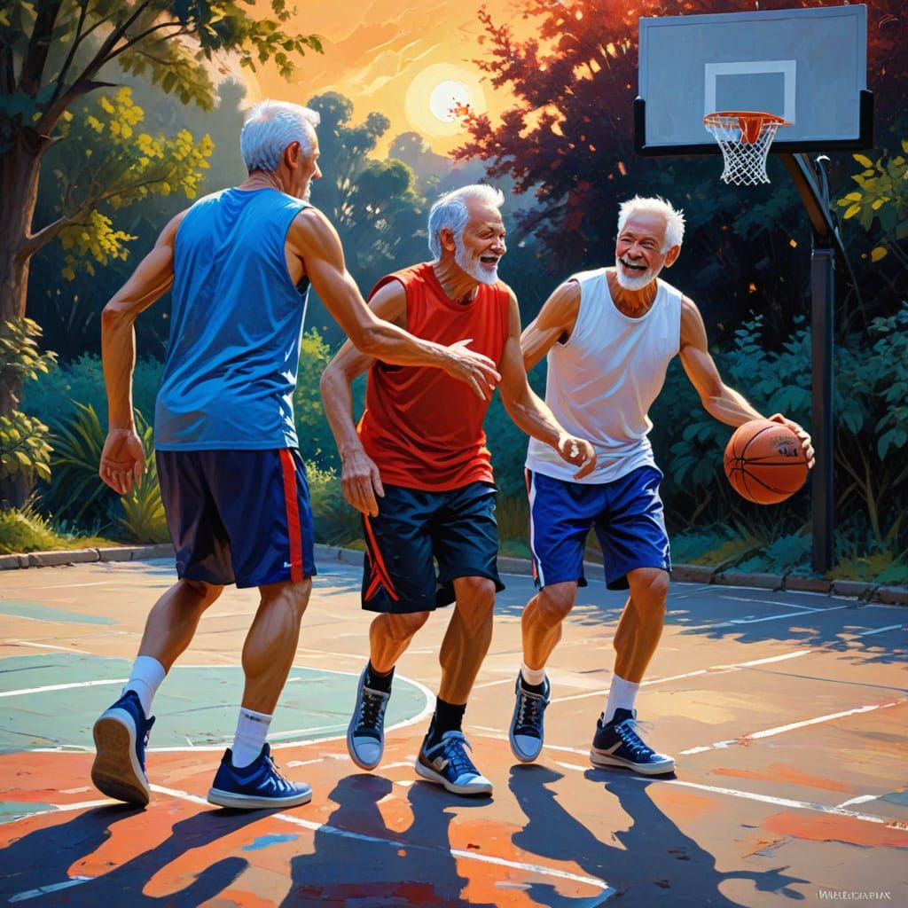 Elderly Men Play Basketball in Expressionist Gouache Style