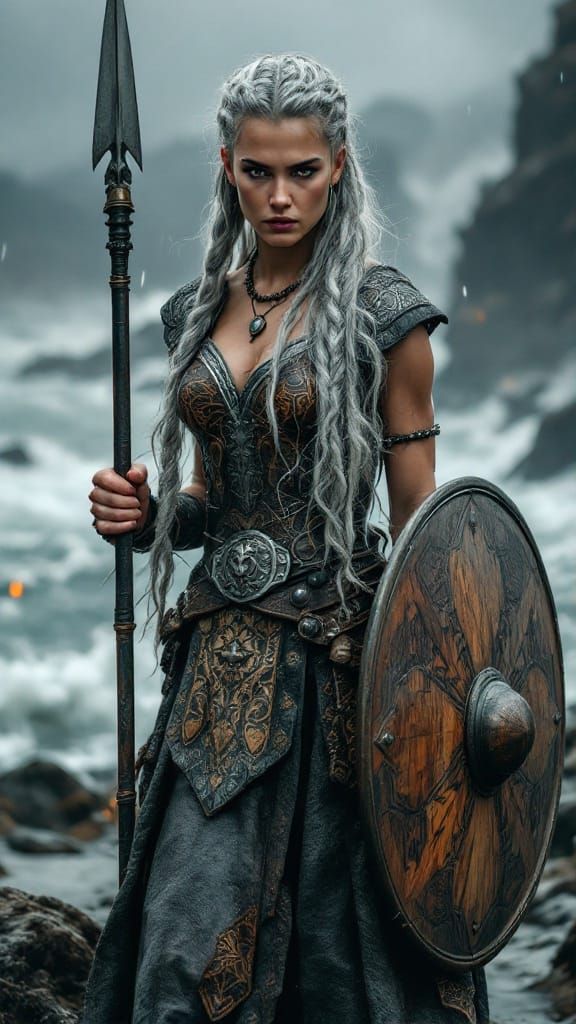 Viking Warrior Woman on Stormy Coast
