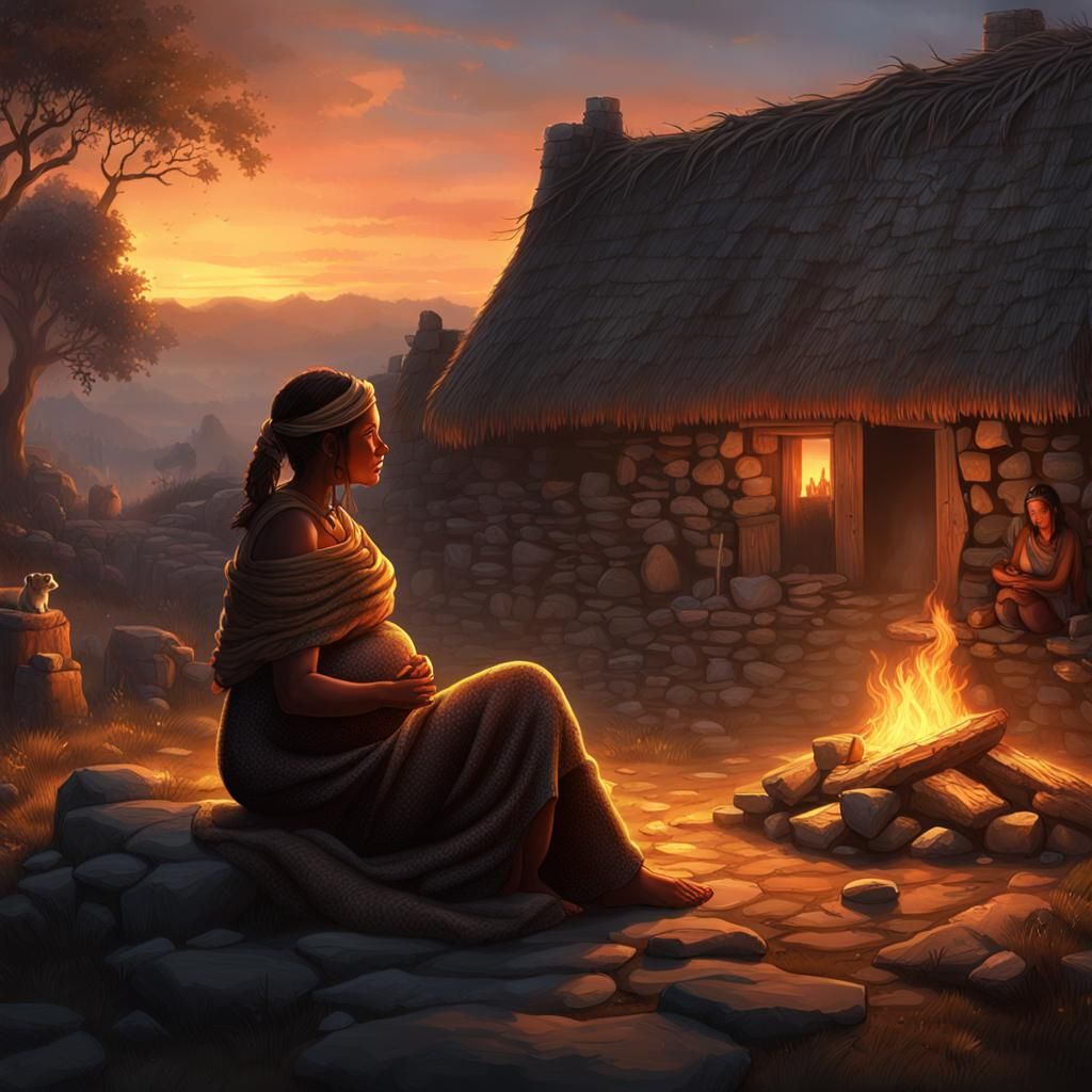 Stone Age Village Sunset: Dark Fantasy Concept Art