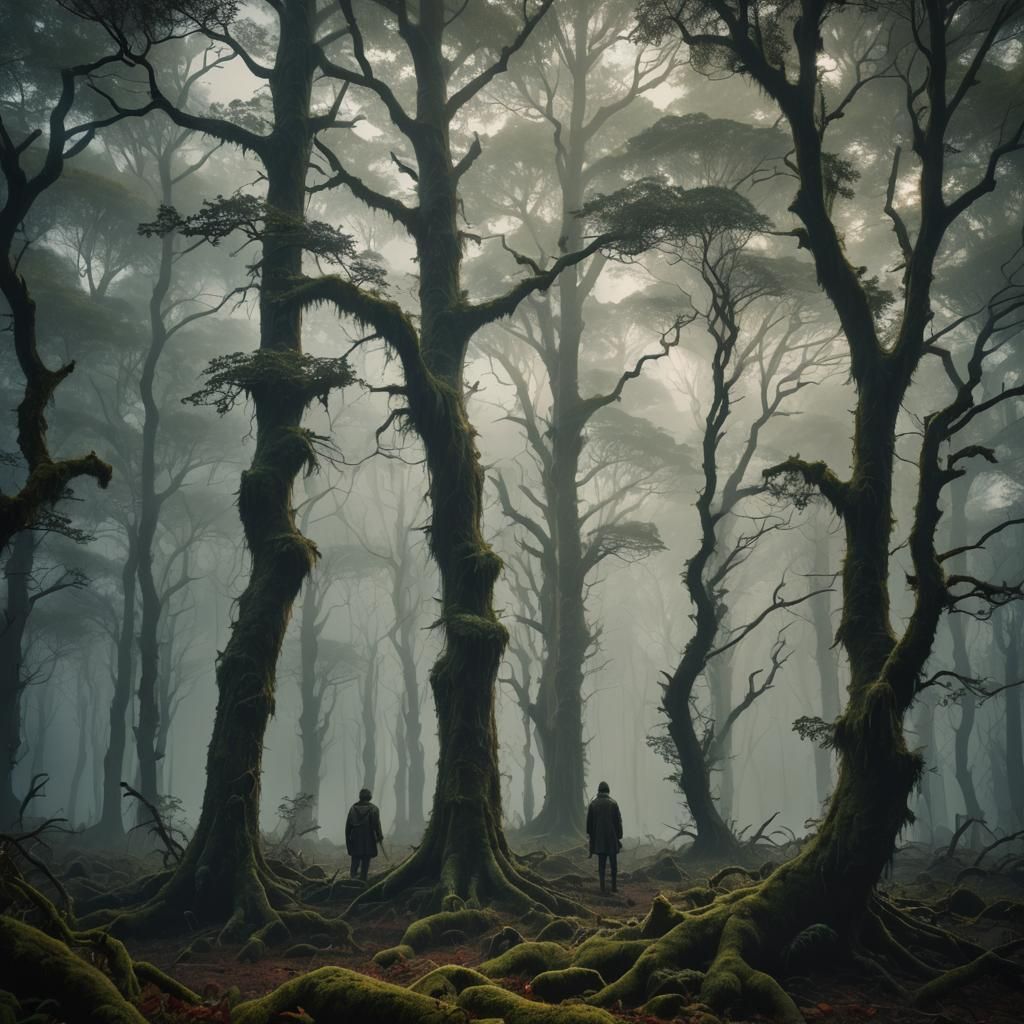 Mysterious Figure in Ancient Forest: Cinematic Concept Art