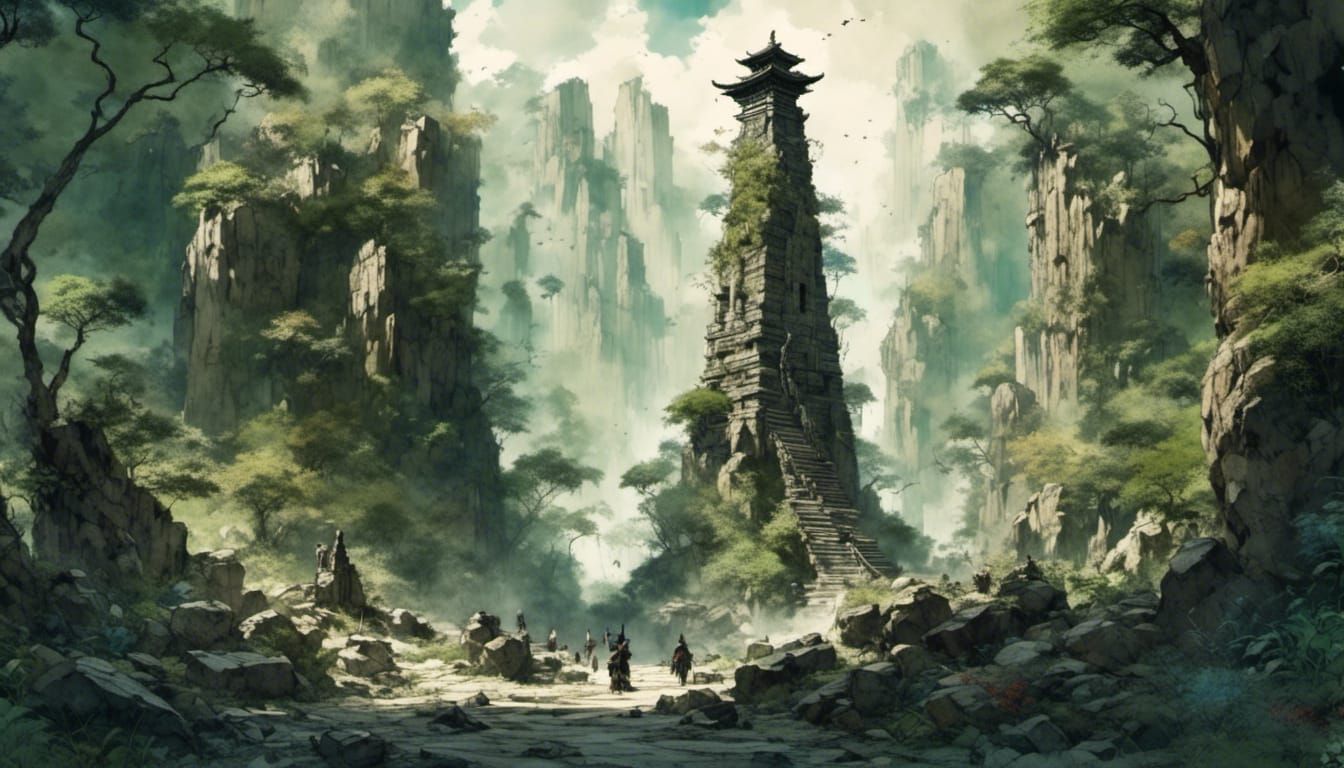 Lonely Obelisk with Japanese Bell in Green Cleft