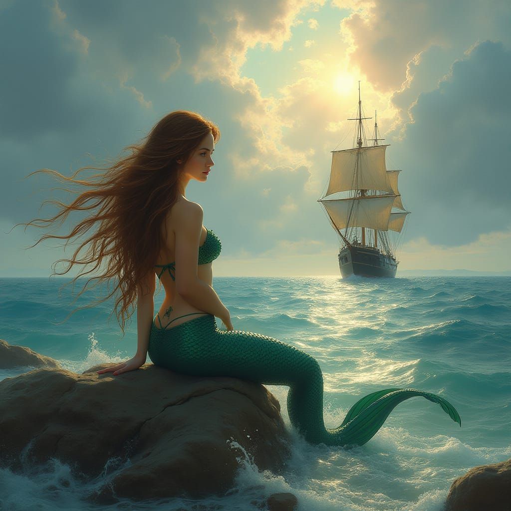Mermaid on Rock with Ship Under Dramatic Sky
