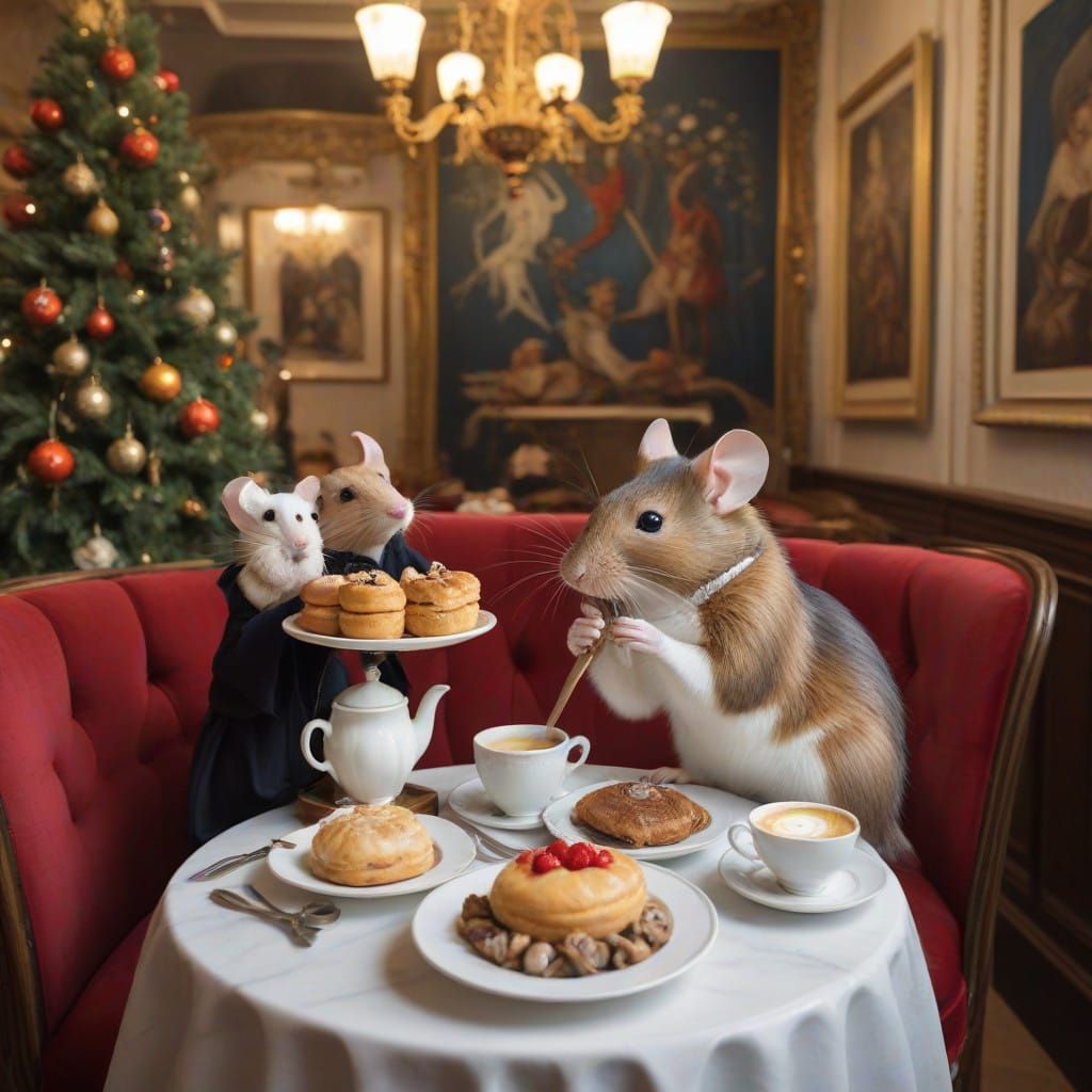 Vintage-Style Mice Celebrate Christmas in a Cozy Night Cafe