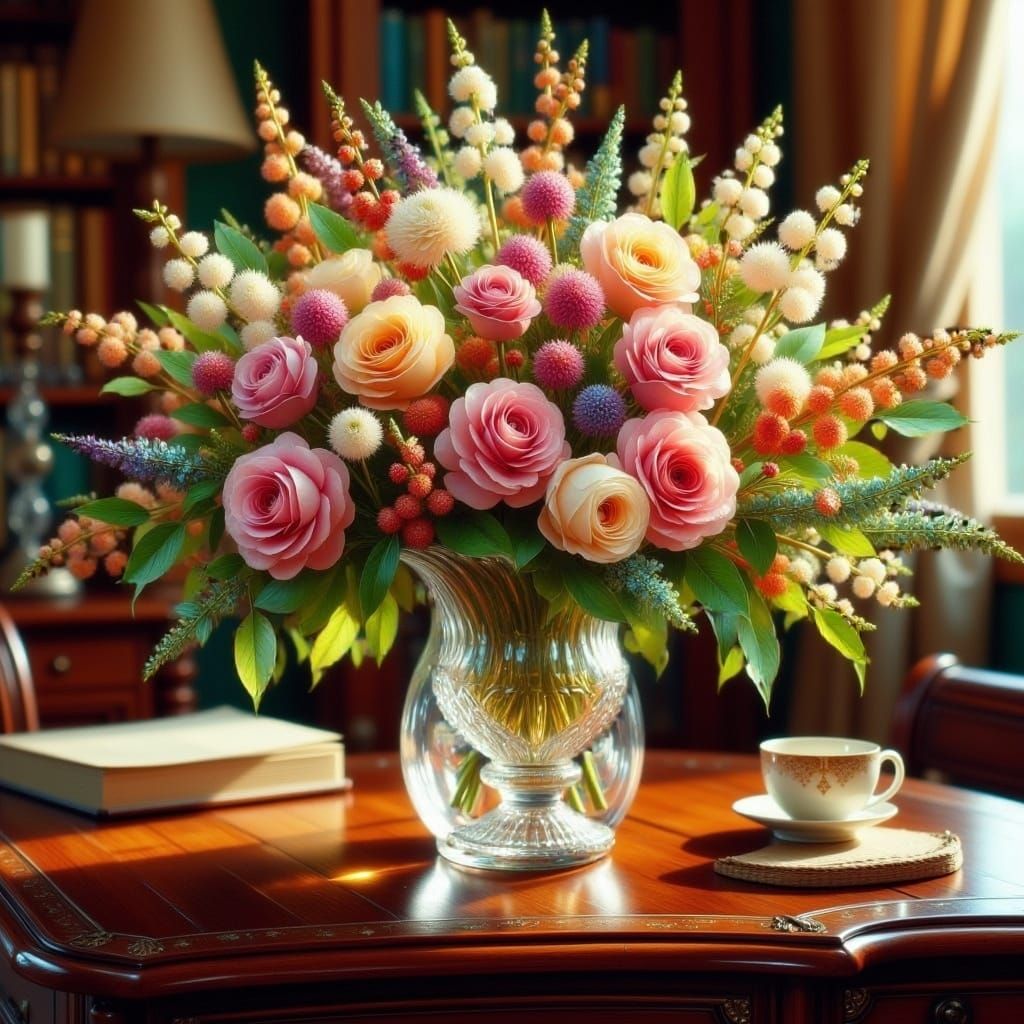 Vibrant Wedding Bouquet in Crystal Vase as Oil Painting