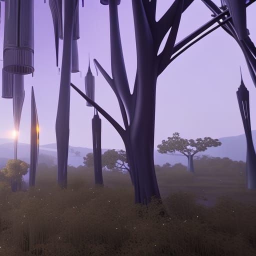 Elven Hut Among Silvery Trees in Sci-Fi Style