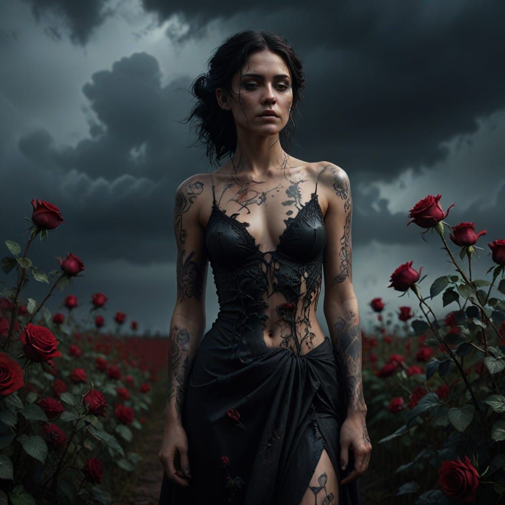 Solitary Woman With Dark Tattoos in Stormy Rose Field