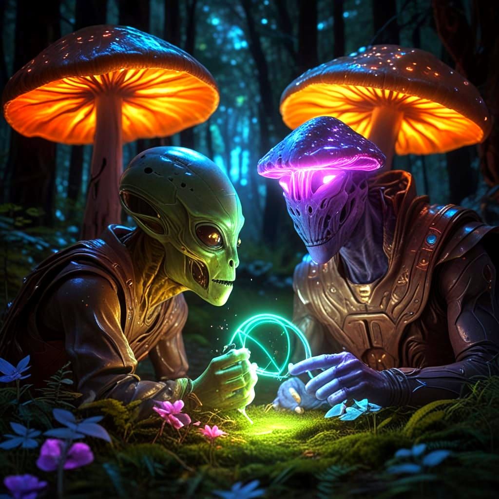 Cyberpunk Aliens Share Ancient Rune in Vibrant Forest