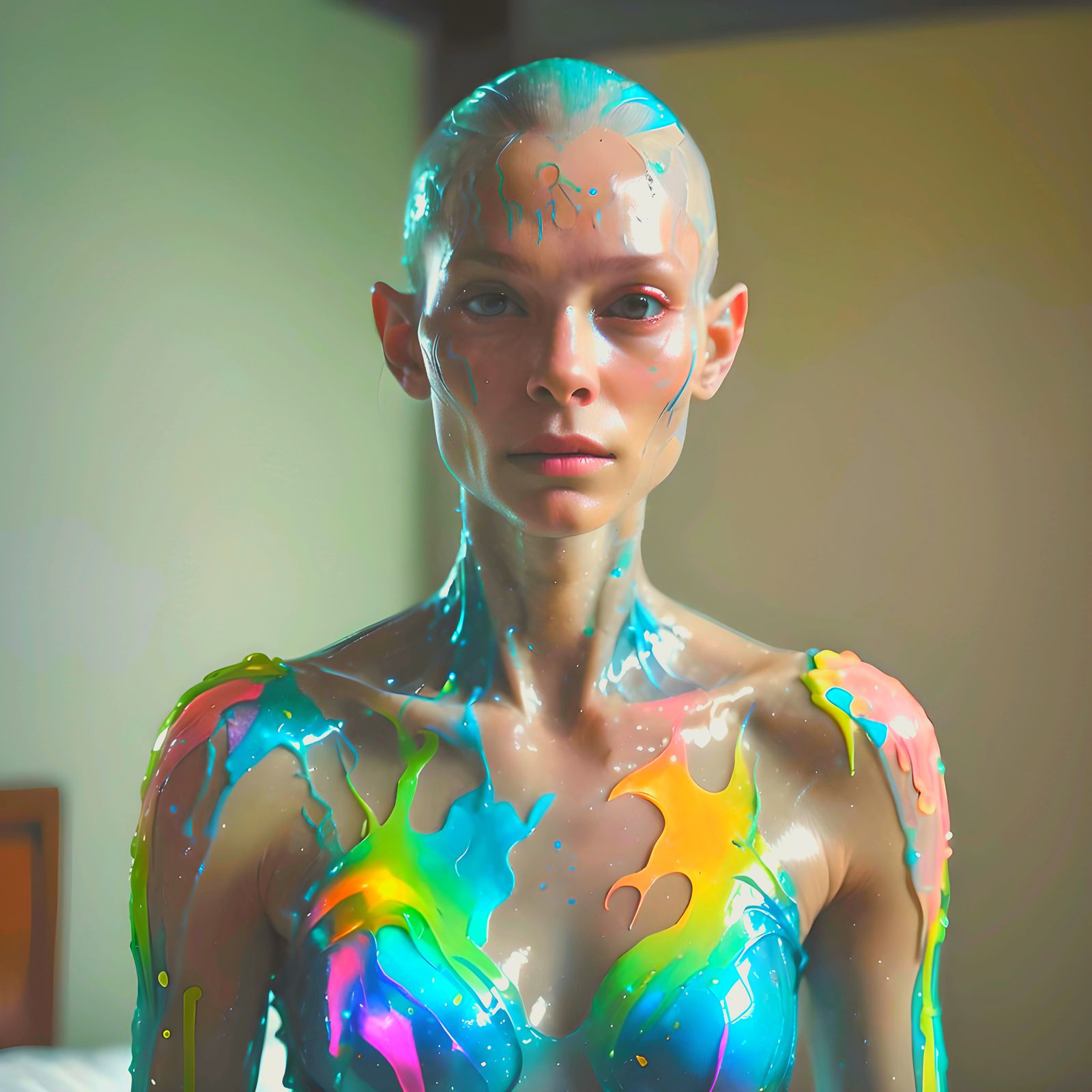 Iridescent Humanoid Woman in Slime-Filled Hotel Room