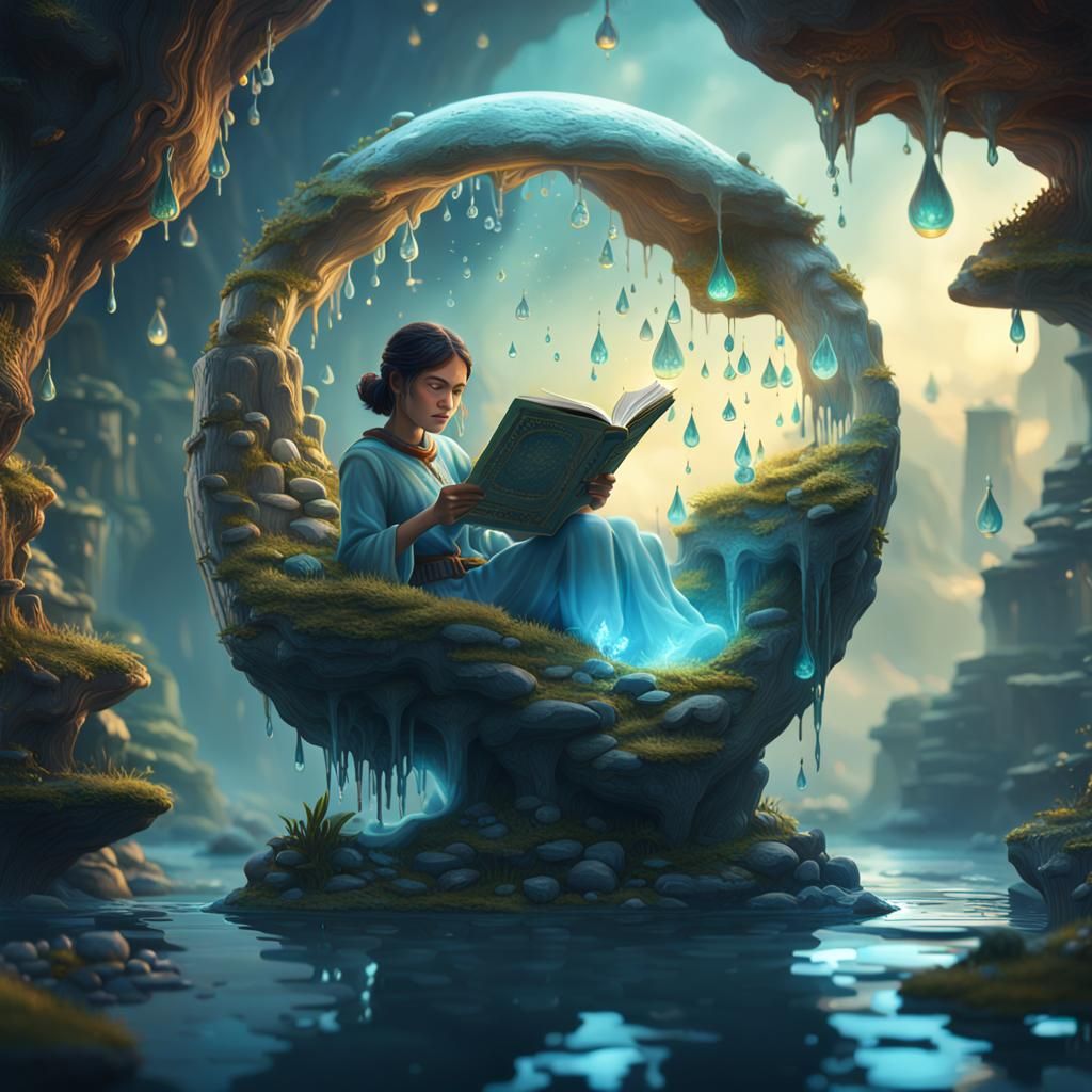 Miniature Woman Reading in Water Drop