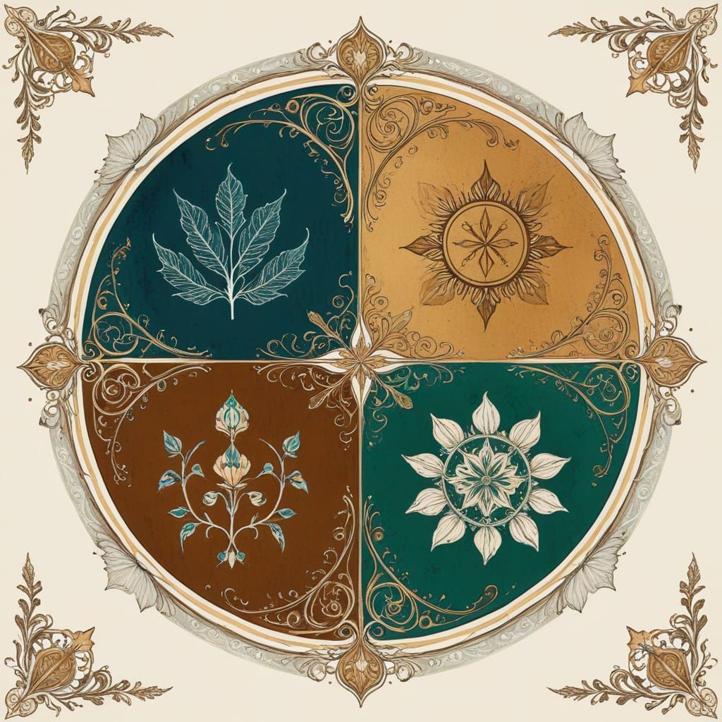 Symmetric Ornate Design with Intricate Symbolic Imagery