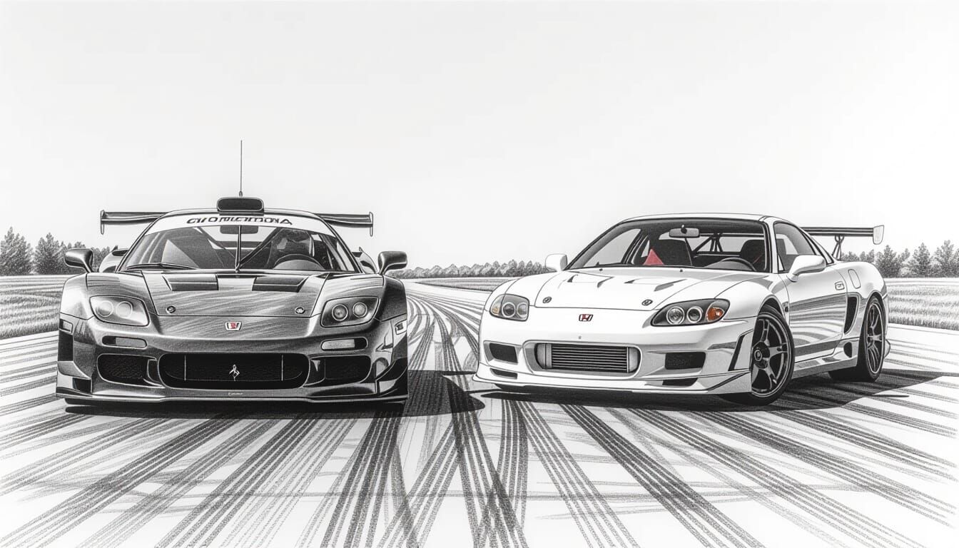 Race Cars Compete on Track in Detailed Charcoal Drawing