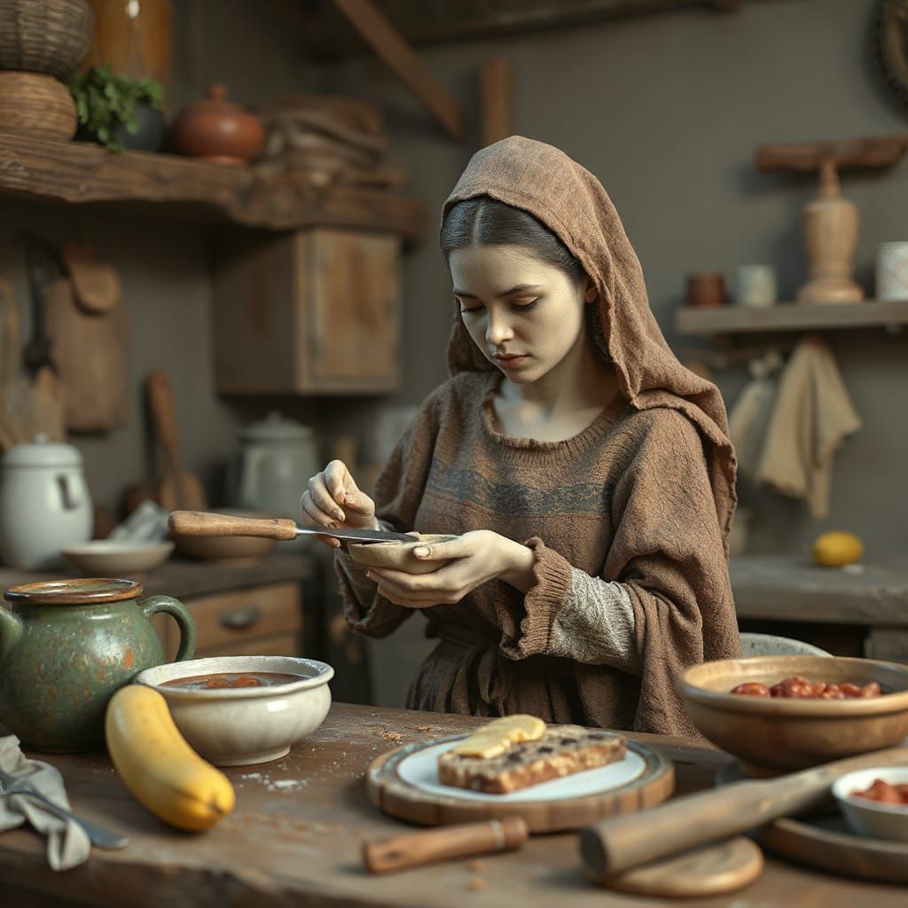 Clay Tradwife Making Breakfast: Detailed Matte Painting