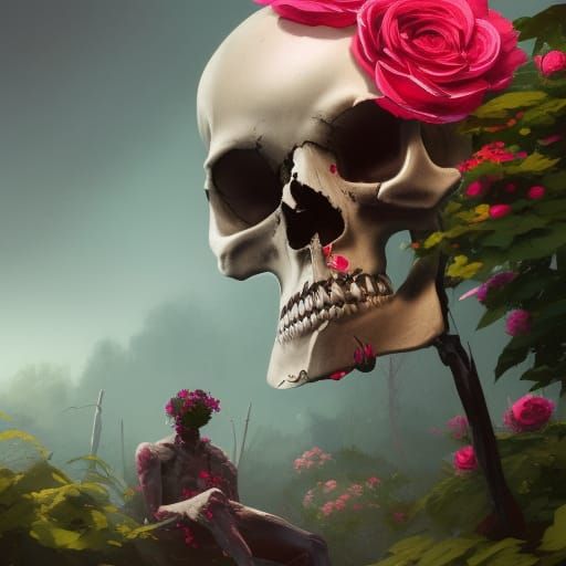 Surreal Rose Garden with Skull, Hyperdetailed Concept Art
