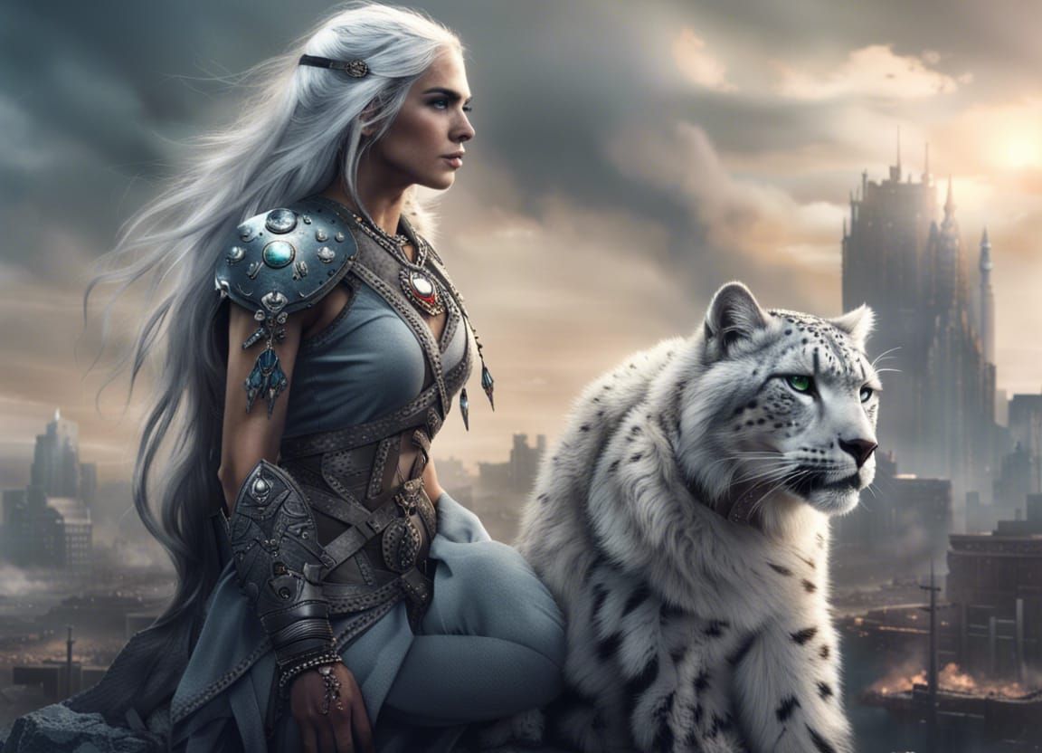 Post-Apocalyptic Warrior Woman and Snow Leopard