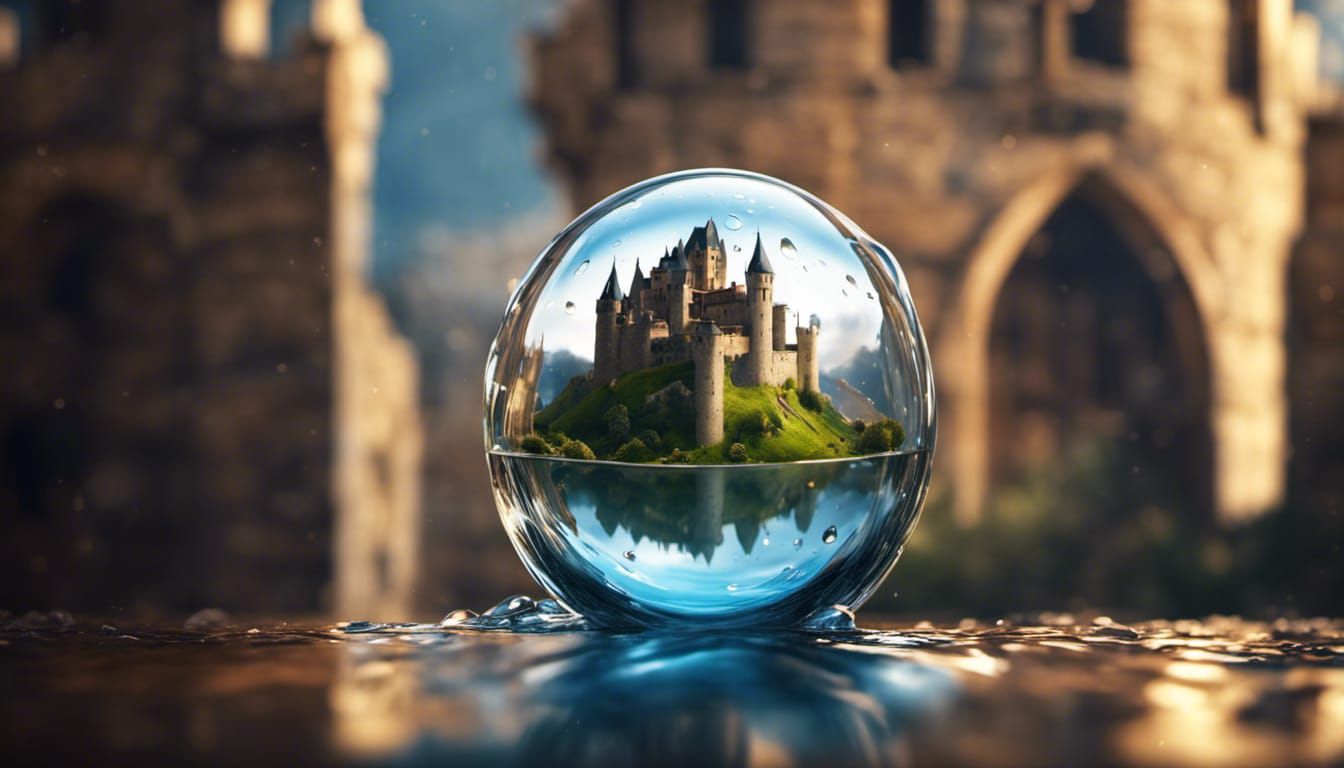 Medieval Castle Reflected in Water Droplet