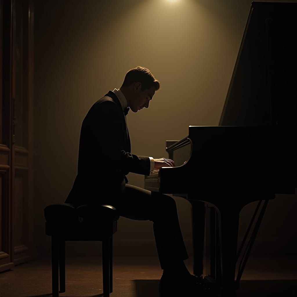 Elegant Tuxedo-clad Maestro Plays a Haunting Piano Melody in...