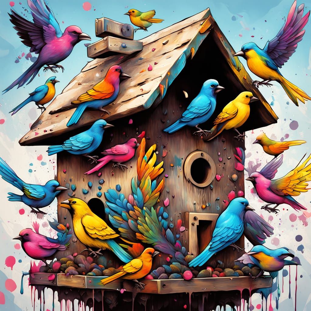Detailed Birdhouse with Flying Birds in Graffiti Style