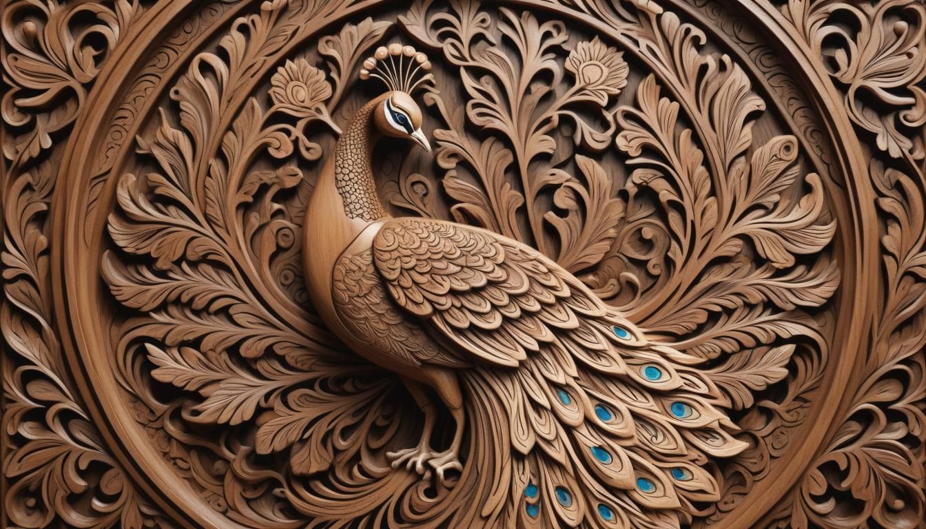 Beautiful peacock,wood carving with intricate background det...