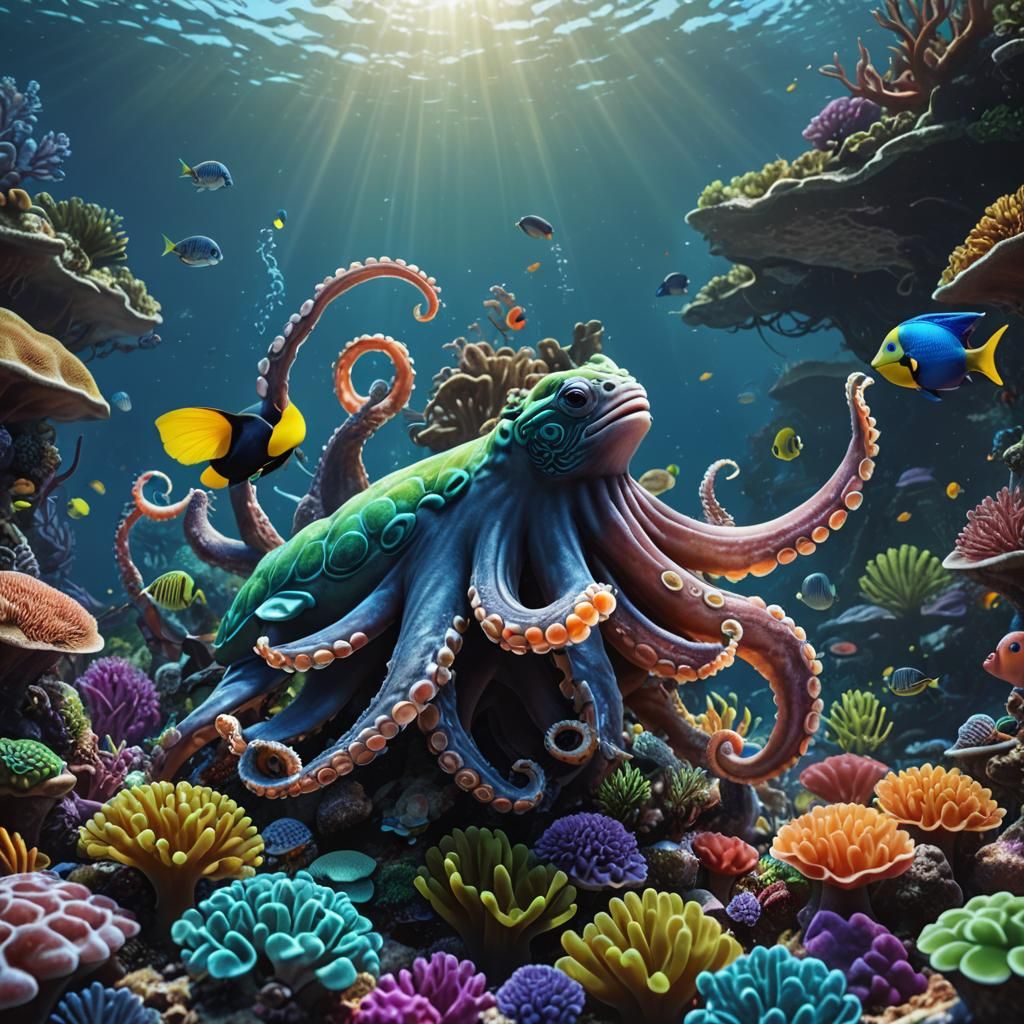 Underwater Octopus Toucan Rhino Hybrid in Digital Art