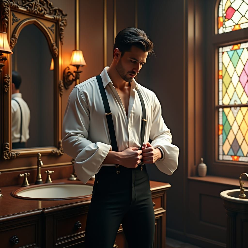 Victorian Gentleman Dressing in Lavish Bathroom