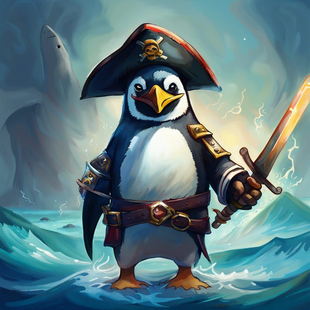 Penguin Pirate Captain with Shark Fin Sword