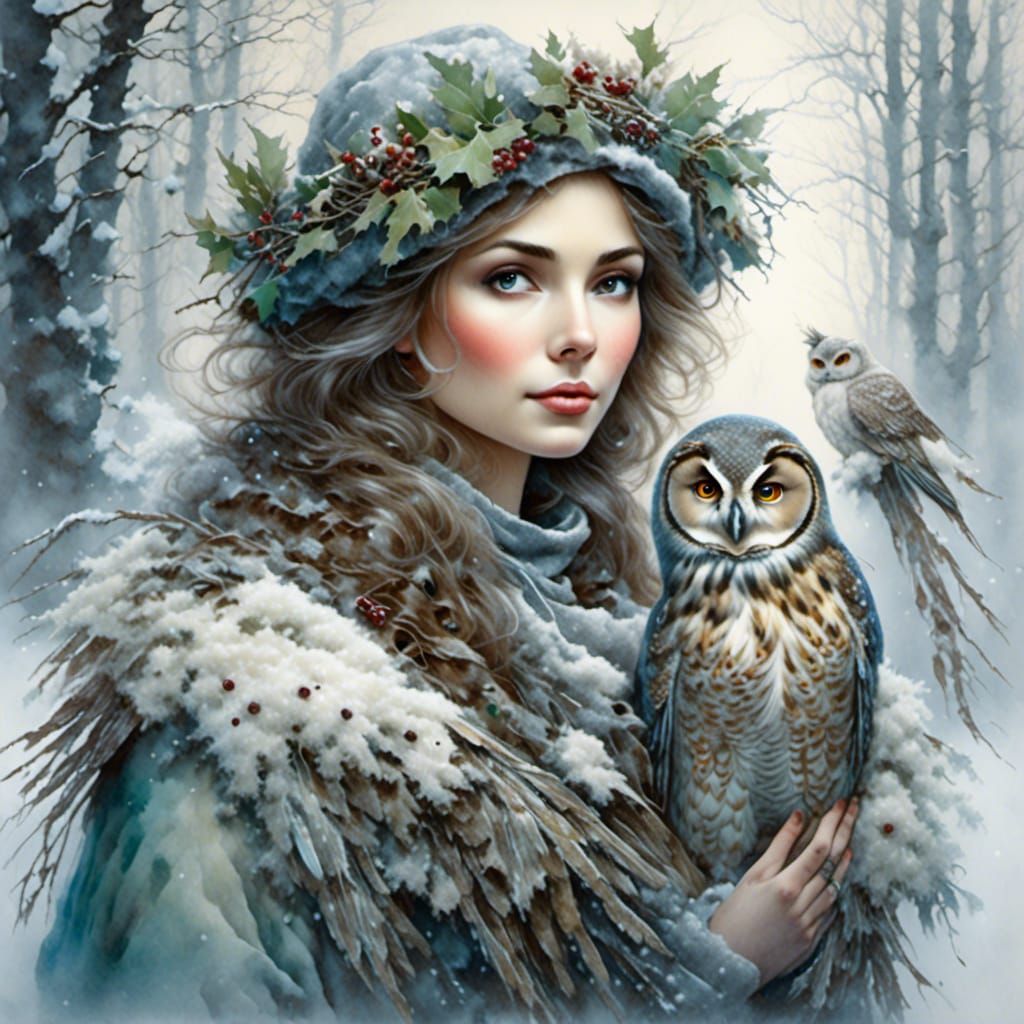 Winter Woman with Owl: Watercolor and Ink Fantasy