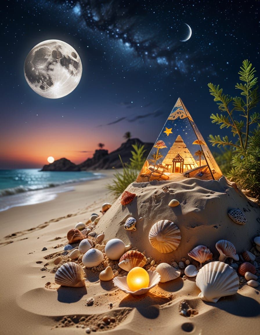 Moonlit Egyptian Pyramid in Steampunk Style