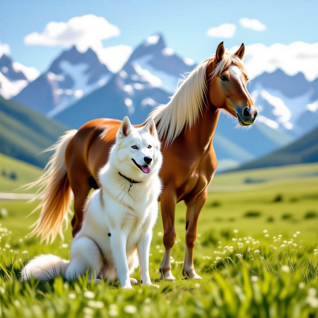 Husky and Arabian Mare on a Sunny Plain