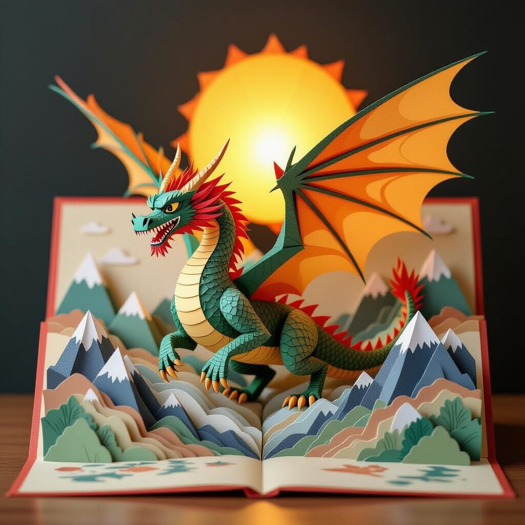 Majestic Paper Dragon Unfurls Wings in Pop-Up Book Style