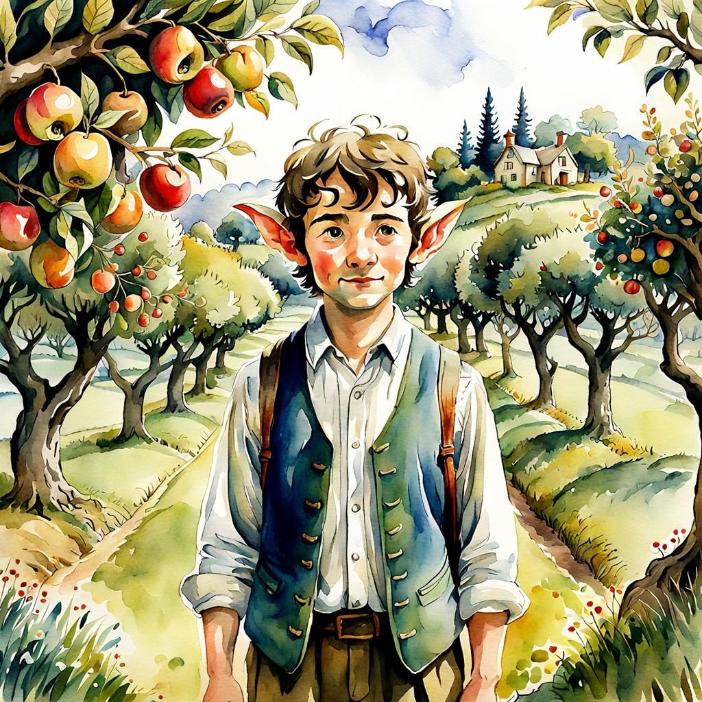 Hobbit Boy in Orchard, Watercolor Illustration