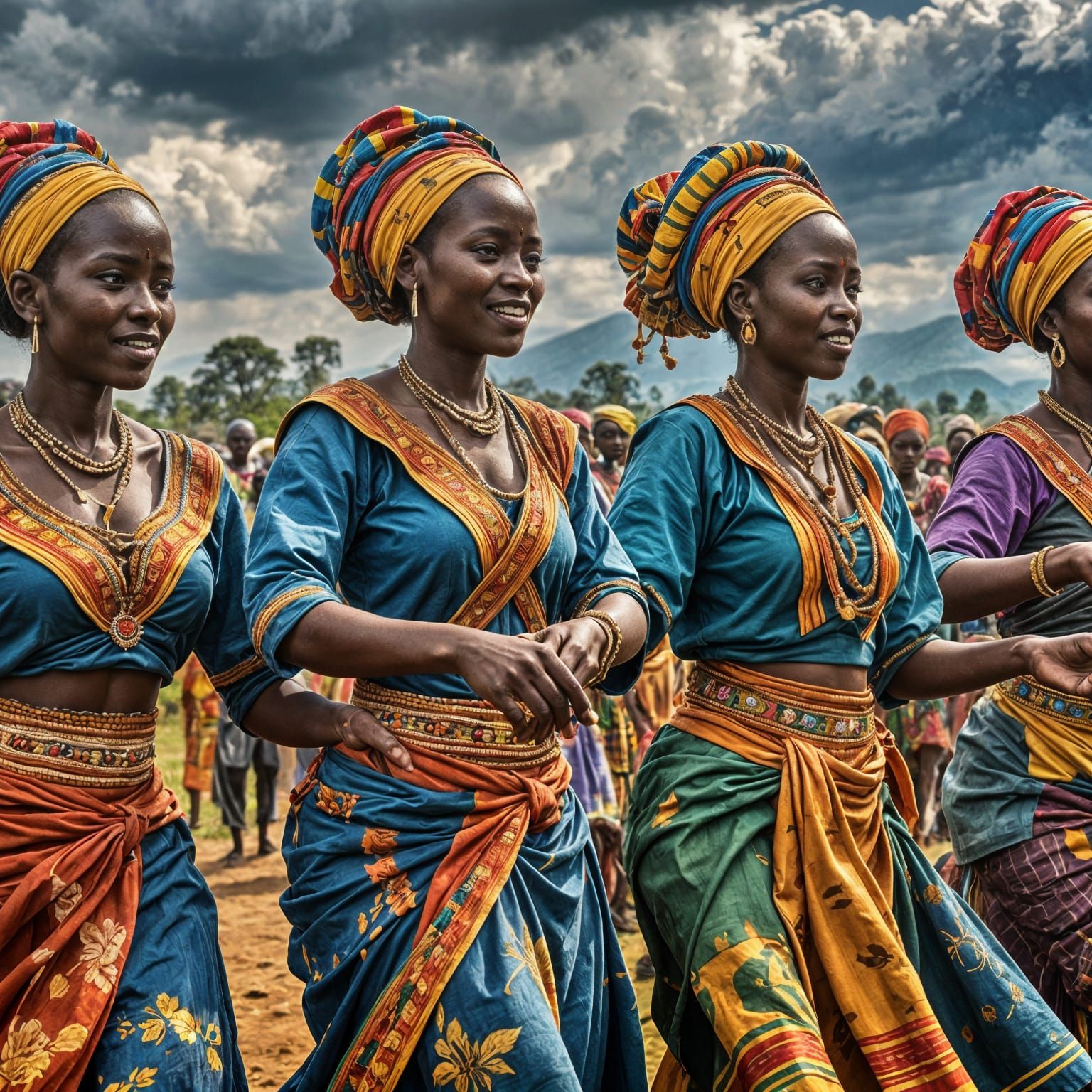 Rwandan Women Dancing: Colorful Watercolor Scene