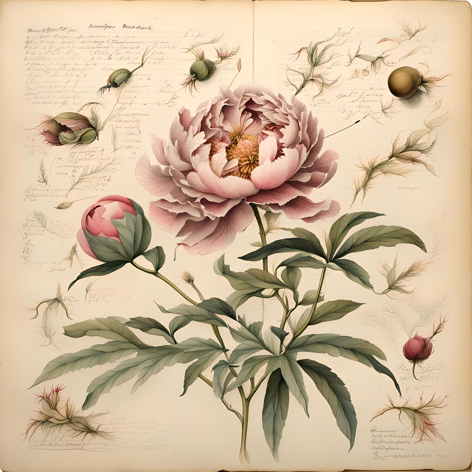 Victorian Botanical Illustration of a Peony Flower