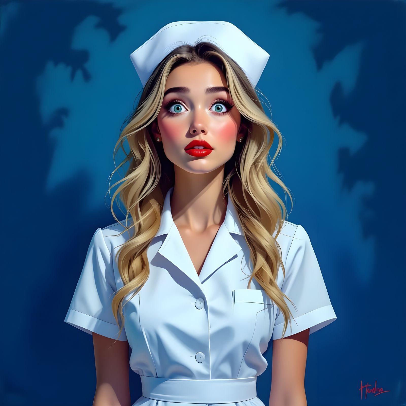 Crazy Blonde Nurse with Long Hair in a Detailed Illustration