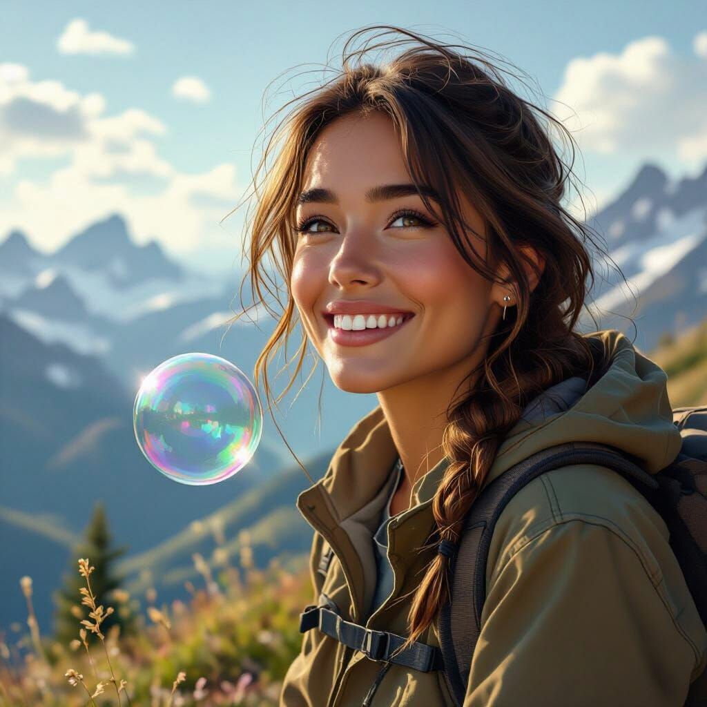 Woman Smiles on Mountain with Floating Bubble in Hyperrealis...