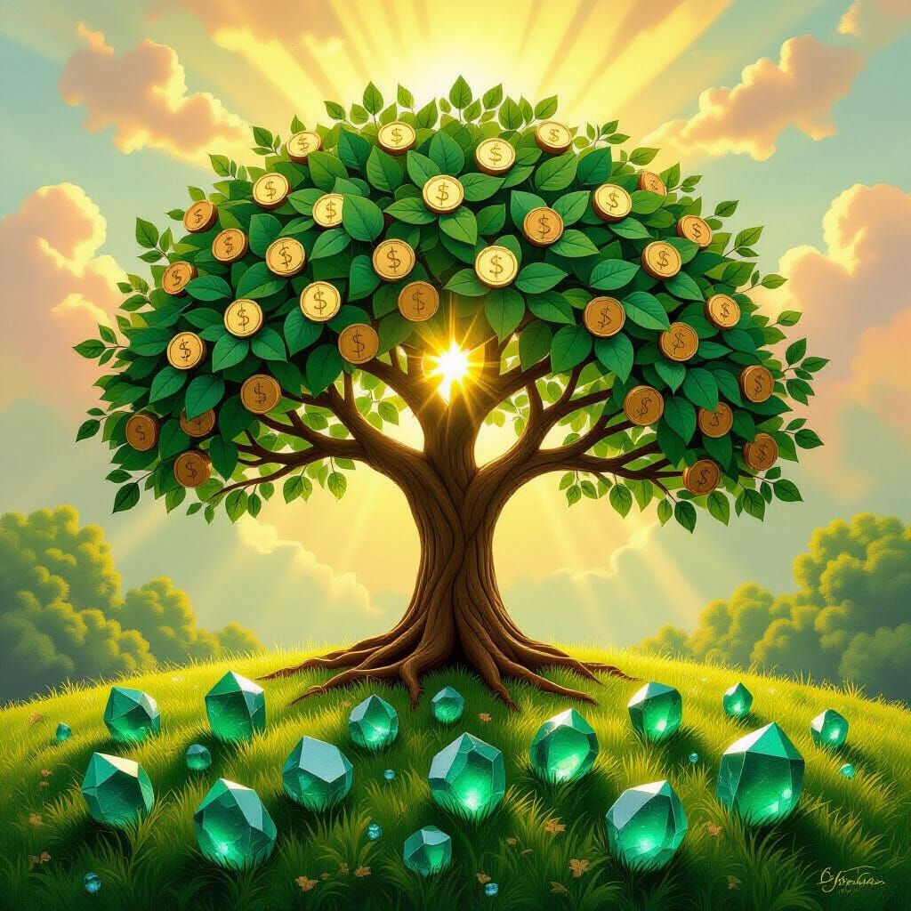 Magical Tree of Dollar Coins with Sunbeam and Crystals