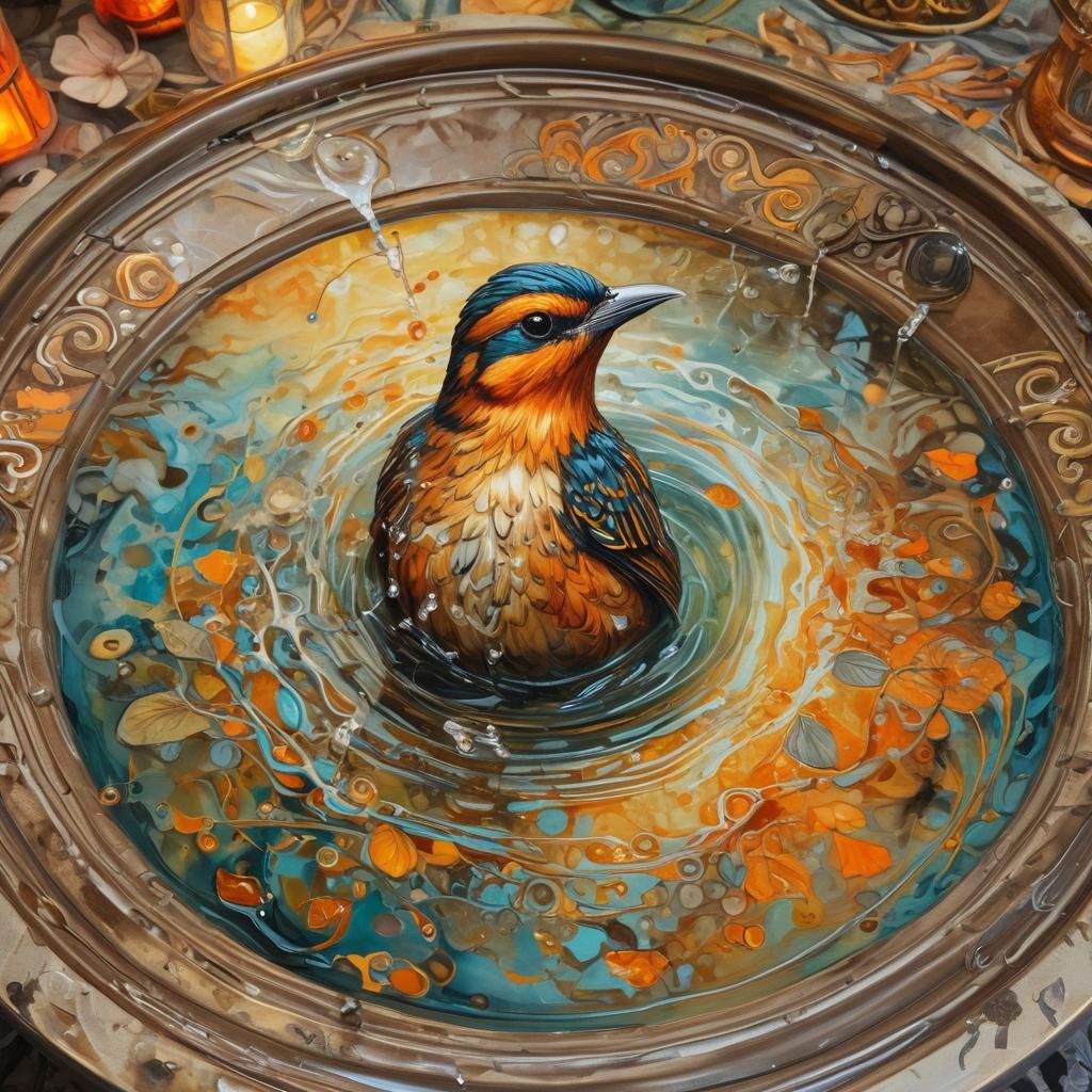 Bird Bathing: Stylized Oil Painting with Dynamic Lighting