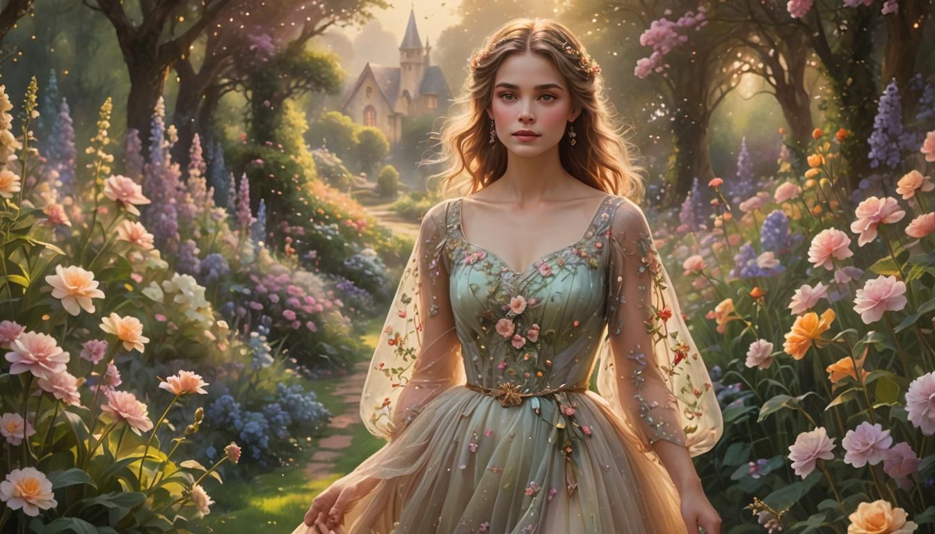 Ethereal Woman in Flower Garden, Romantic Realism