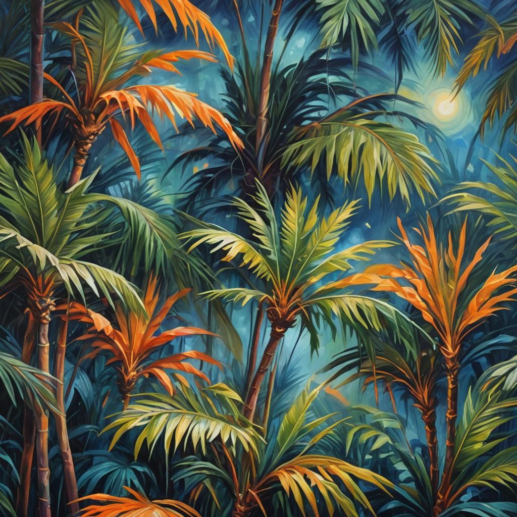 Surreal Palm Trees in a Mystical Landscape