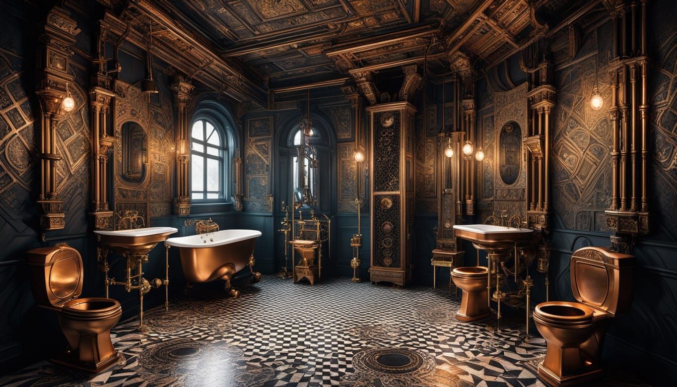Steampunk Family Bathroom on a Spacecraft in Psychedelic Sty...