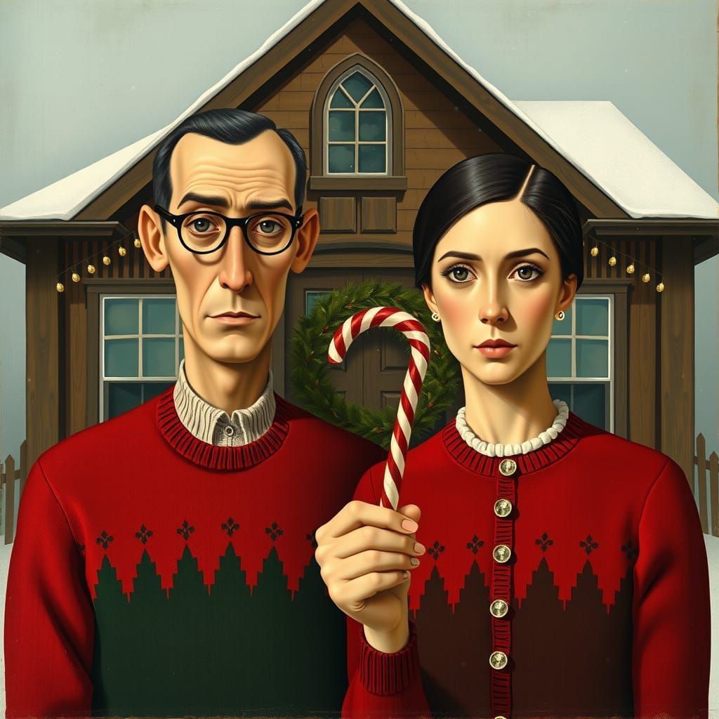Christmas American Gothic in Grant Wood Style