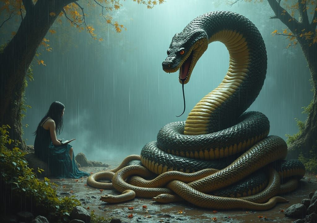 King Cobra and Medusa in Dark Fantasy Landscape